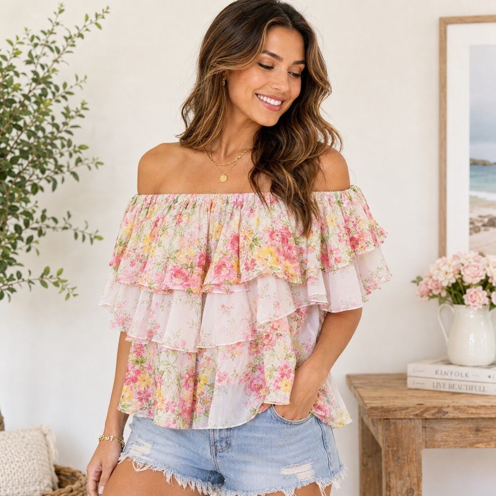 LoveColette Pink Floral Off Shoulder Ruffle Blouse Sz S